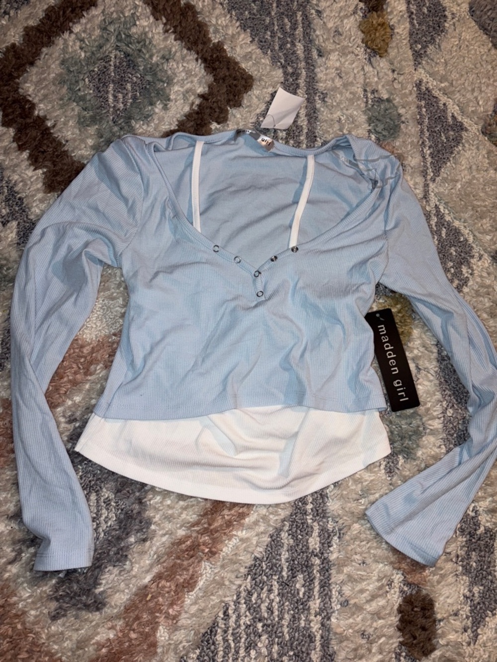 Madden Girl Light Blue & White Layered V‑Neck Long Sleeve Top